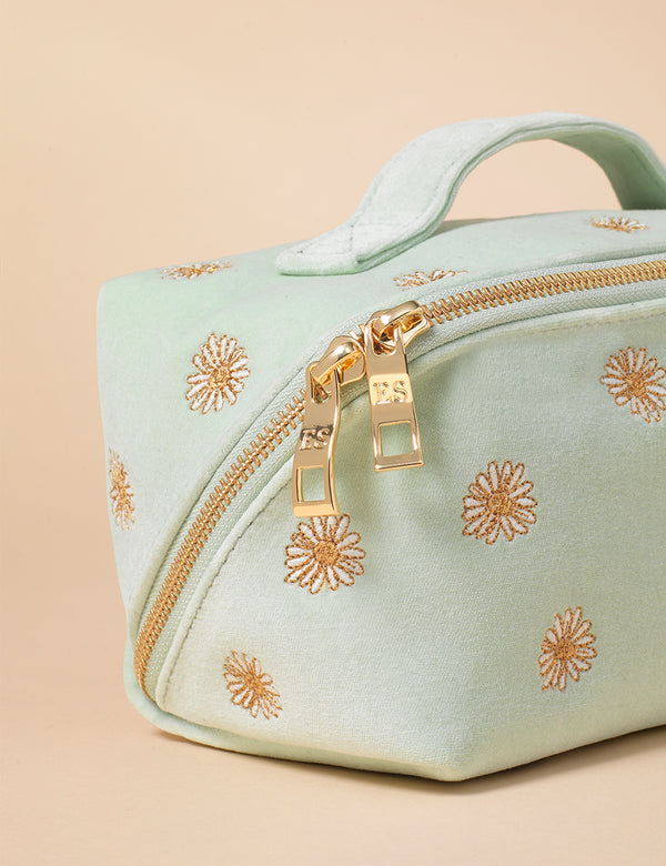 Elizabeth Scarlett Mint Green Daisy Embroidered Open Flat Make Up Bag
