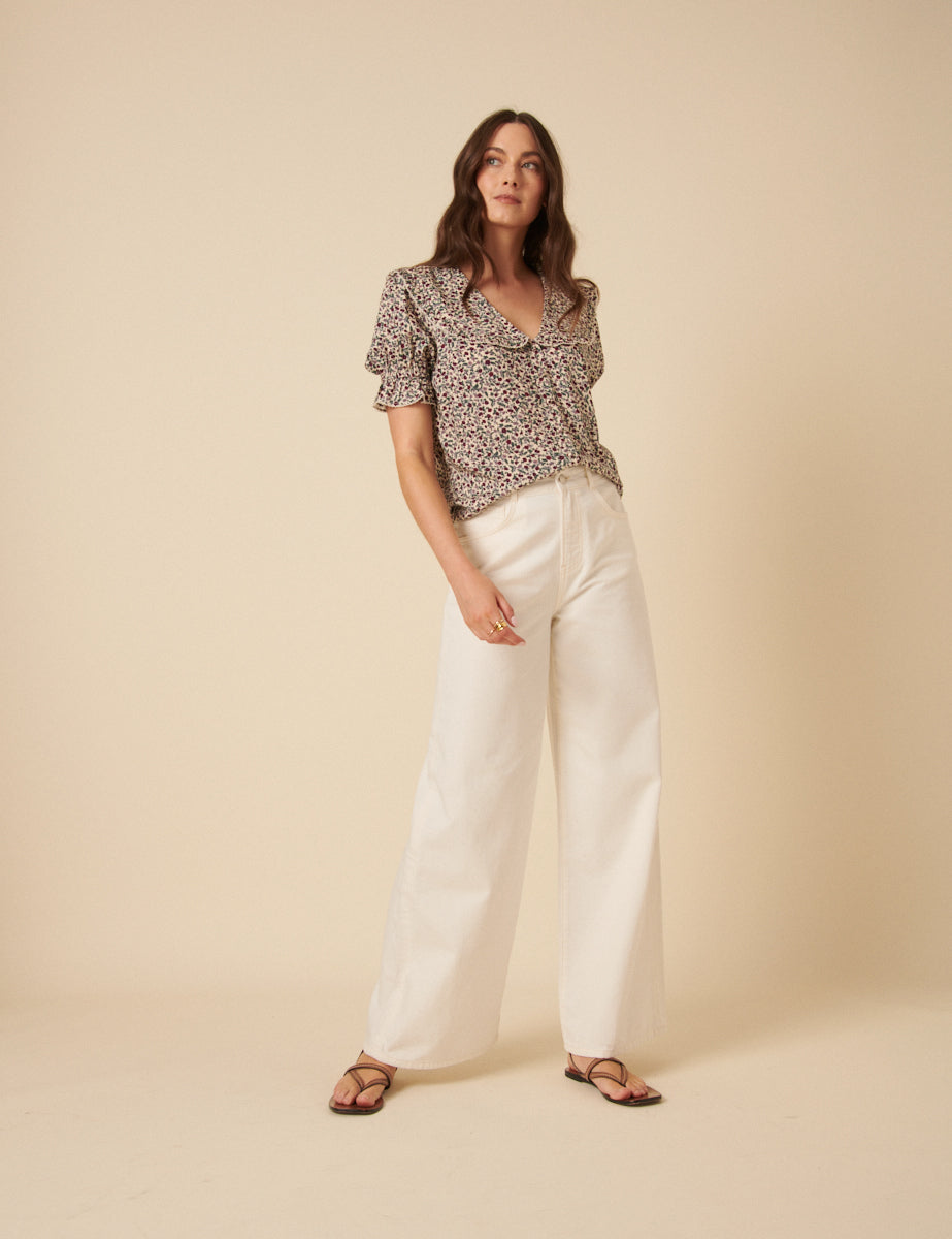 Cream Palazzo Wide Leg Jeans