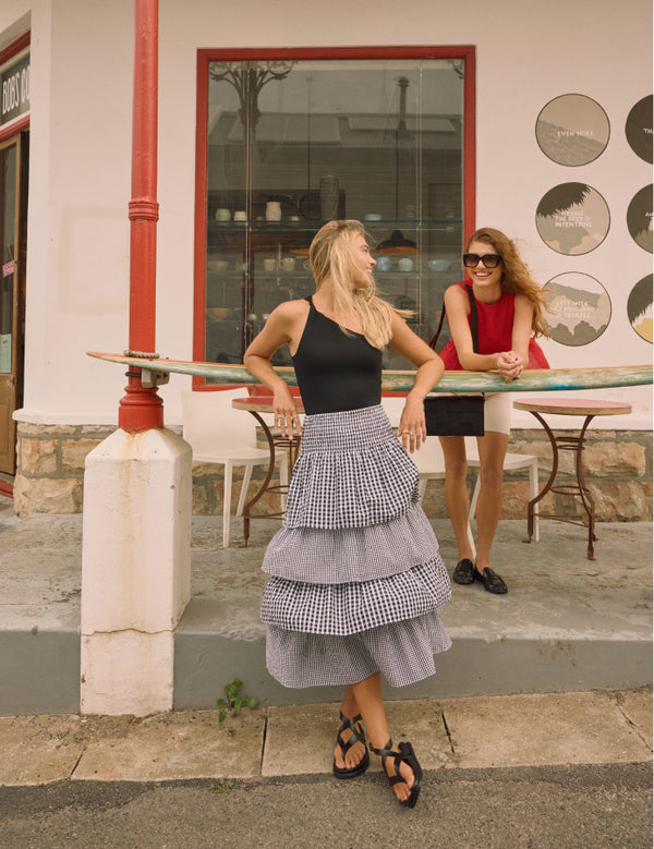 Black Gingham Tiered Midi Skirt
