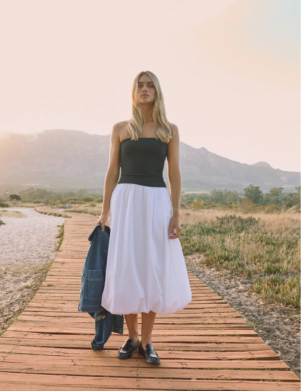 White Bubble Hem Midi Skirt