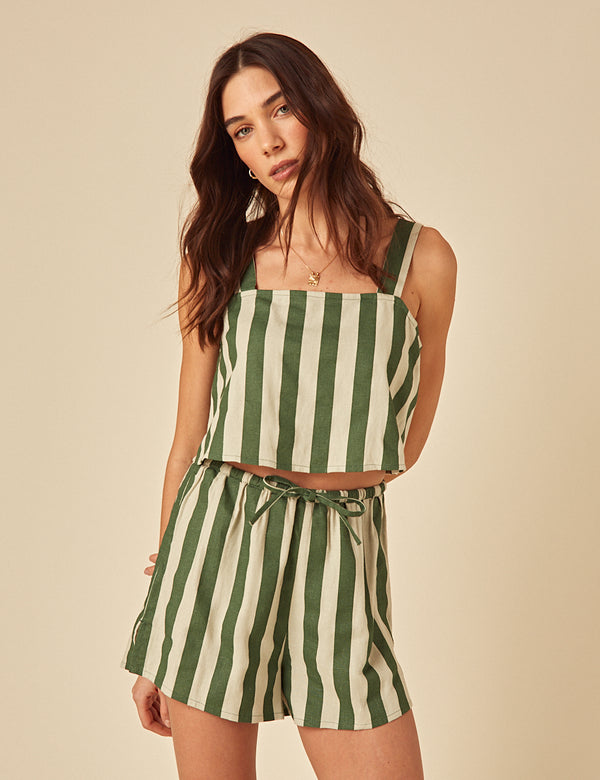 Green Striped Linen-blend Shorts