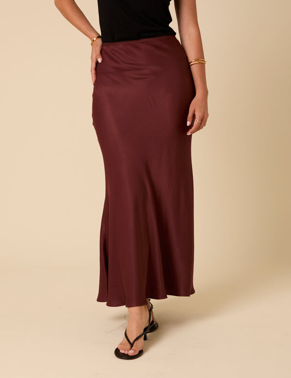 Brown Satin Midi Skirt