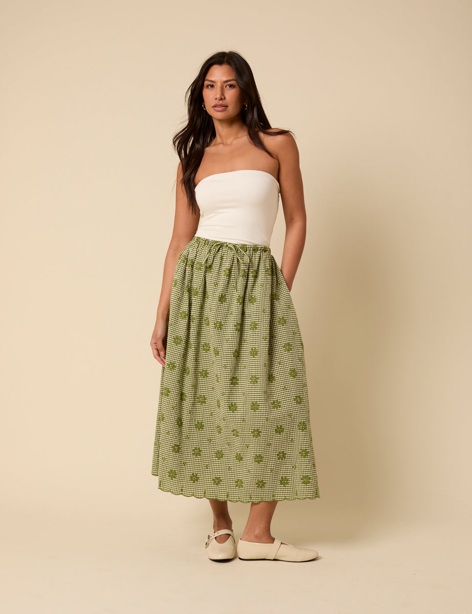 Green Gingham Embroidered Naples Midi Skirt