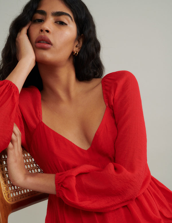 Red Balloon Sleeve Tiered Char Midi Dress
