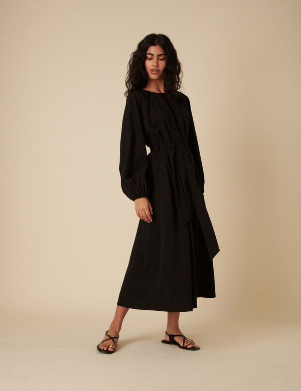 Black Gathered Tie Waist Mayall Midi Dress