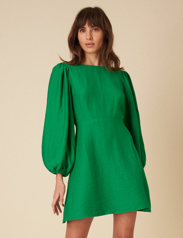 Green Balloon Sleeve Zora Mini Dress
