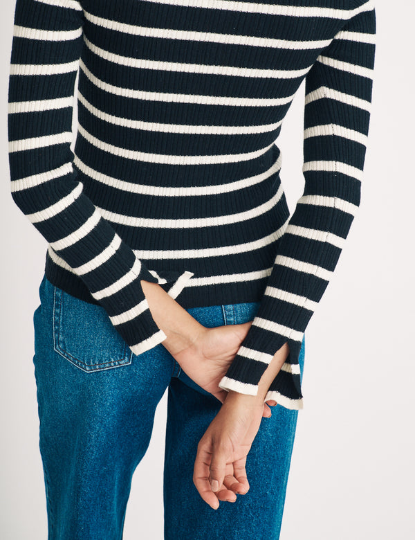 Black And White Stripe Wool Blend Ribbed Cardigan