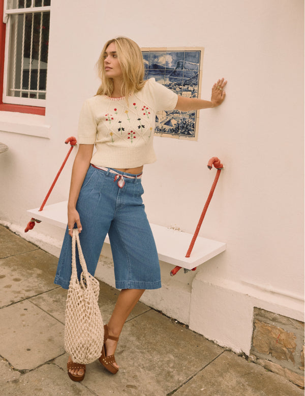 Cream Floral Embroidered Knitted T-Shirt