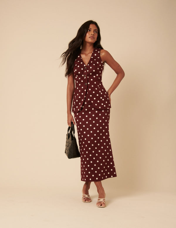 Brown Polka Dot Midi Skirt