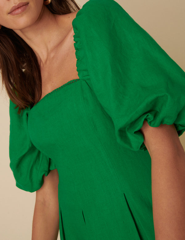 Green Puff Sleeve Linen Demi Midi Dress
