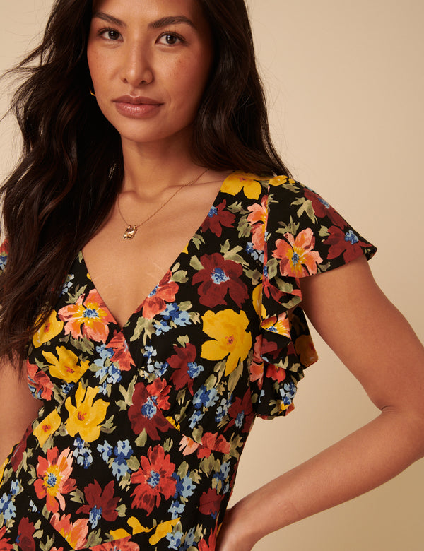 Black Floral Loubelle Midi Dress