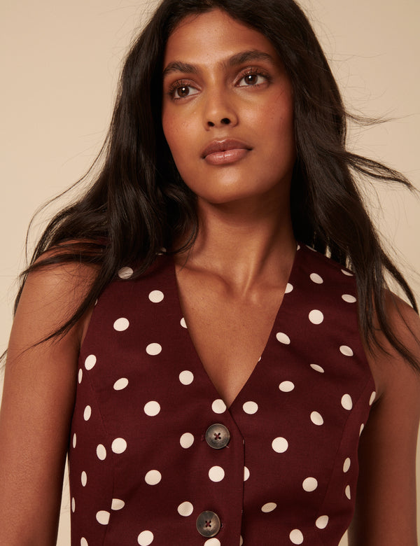 Brown Polka Dot Longline Waistcoat