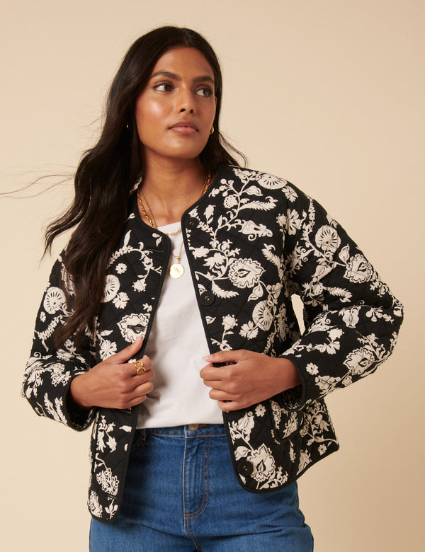 Black Floral Quilted Reversible Jacket