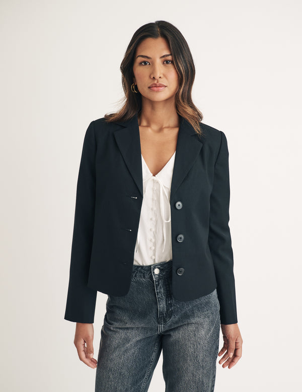 Black Wool Blend Cropped Blazer