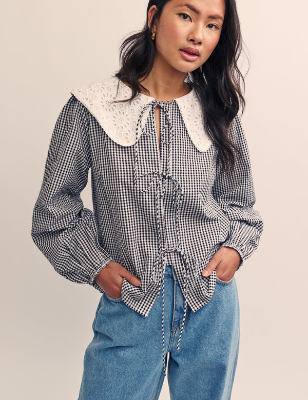 Black Gingham Broderie Collar Blouse