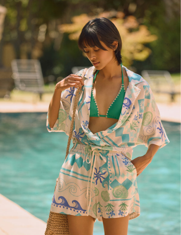 Cream Printed Linen-blend Shorts