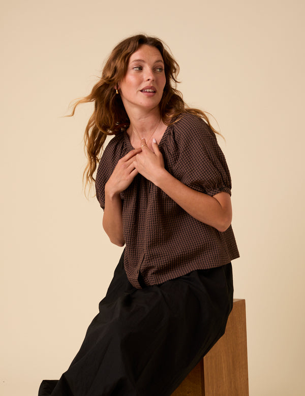 Brown Gingham Puff Sleeve Top