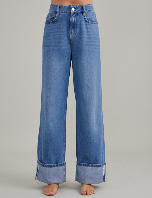 Denim Wide Leg Turn Up Jeans