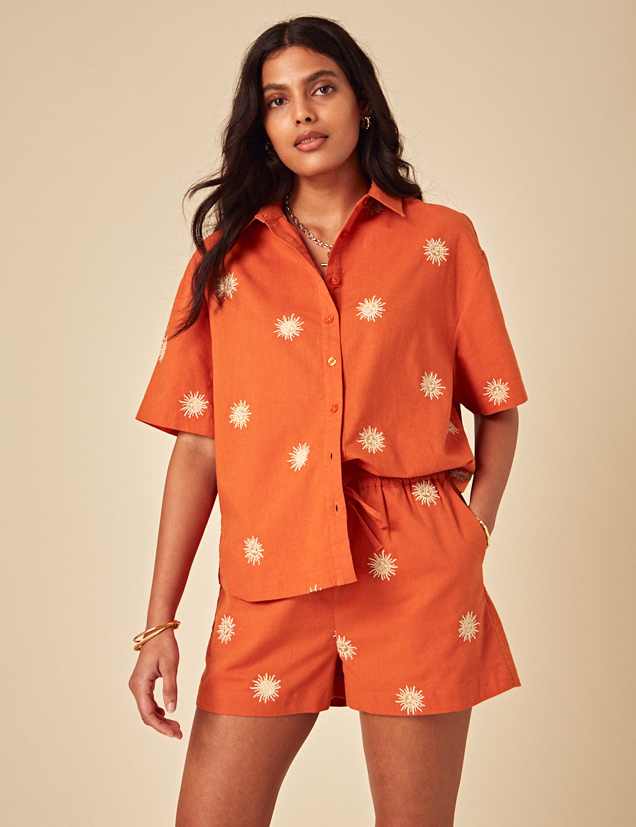 Elizabeth Scarlett Orange Linen-blend Embroidered Jet Shorts
